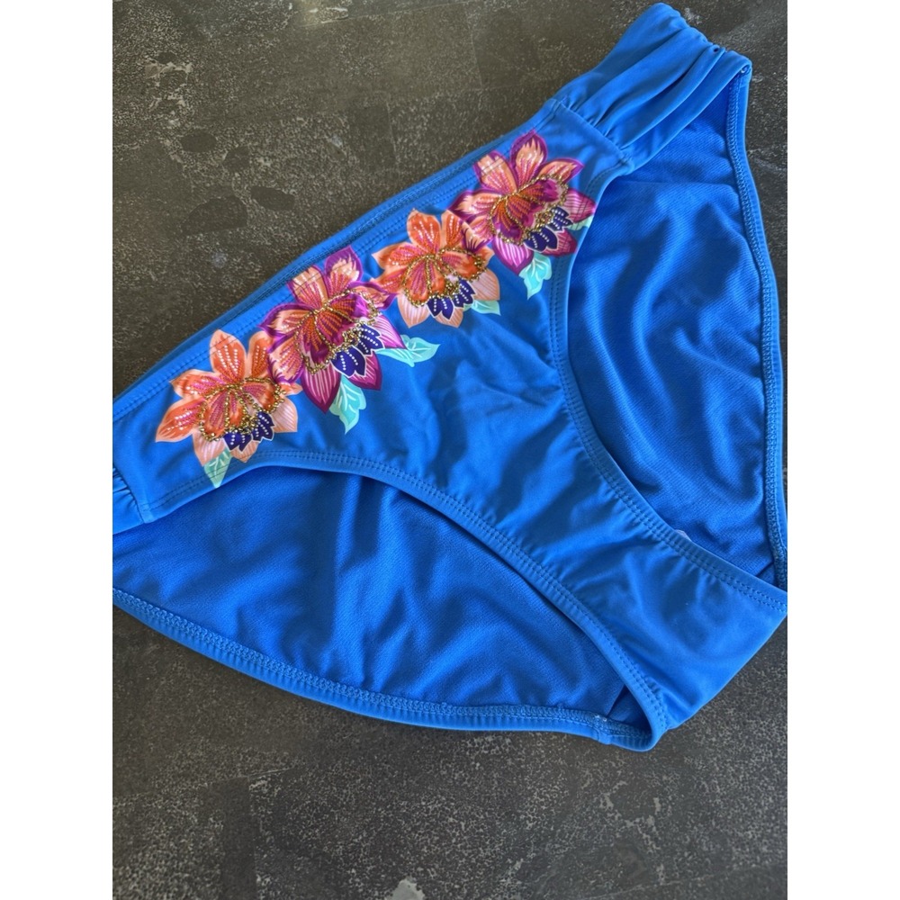 Time and Tru Womensโ Blue Floral Beaded Bikini Swim Bottoms XL 16-18 NWT